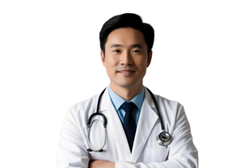 The male doctor crossed his arms isolated on transparent or white background, png