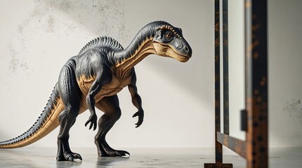 Obraz premium Dinosaur model exploring a modern indoor environment during the daytime