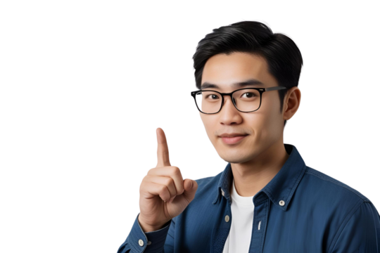 A boy in glasses is pointing up isolated on transparent or white background, png