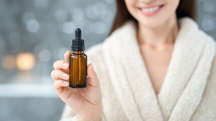 Fototapeta premium With her hands and the product as her focus, a young Hispanic woman with brunette hair holds a dropper bottle in a calming wellness center or spa