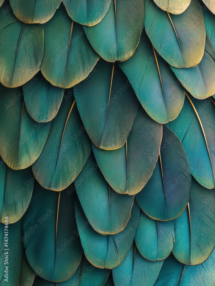 Poster close up of vibrant teal and gold feathers forming a textured pattern in a studio shot abstract desi