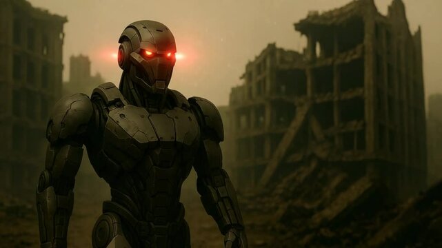  A highly advanced robot walking through a ruined warzone