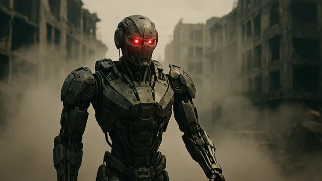  A highly advanced robot walking through a ruined warzone