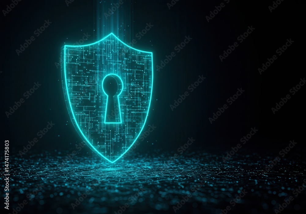 Poster glowing blue shield with keyhole represents digital security and data protection on a dark backgroun