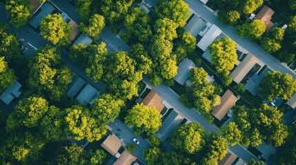 Verdant residential neighborhood, aerial view. Lush greenery surrounds homes, creating a peaceful suburban scene