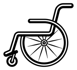 Minimalist black icon of a wheelchair symbol, flat pictogram style on transparent background. Suitable for accessibility, signage, and inclusive design themes.