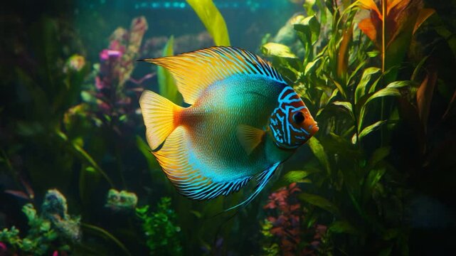 Majestic discus fish swimming gracefully in a lush, vibrant freshwater aquarium environment