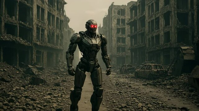  A highly advanced robot walking through a ruined warzone