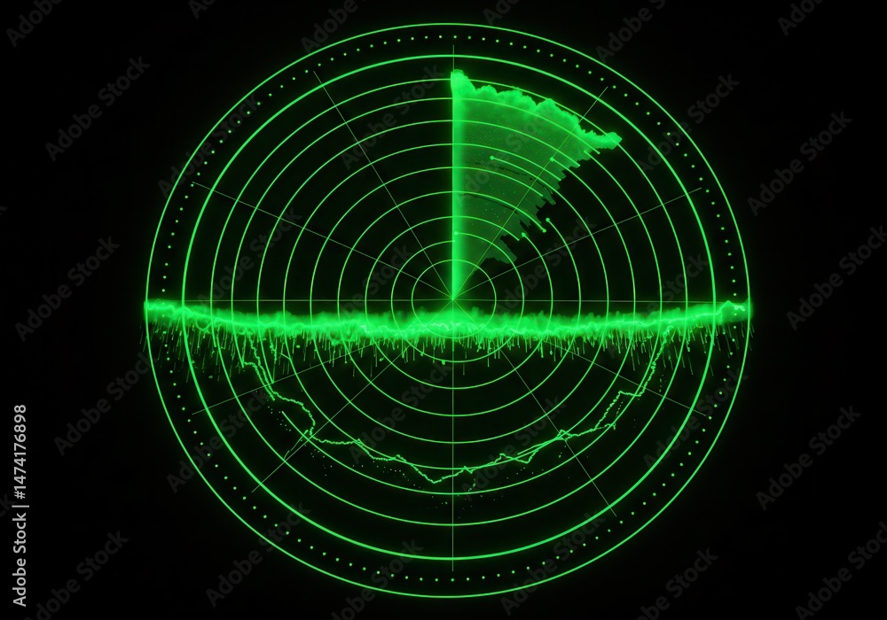 Poster green illuminated radar screen displaying a signal sweep and a map-like shape against a dark backgro