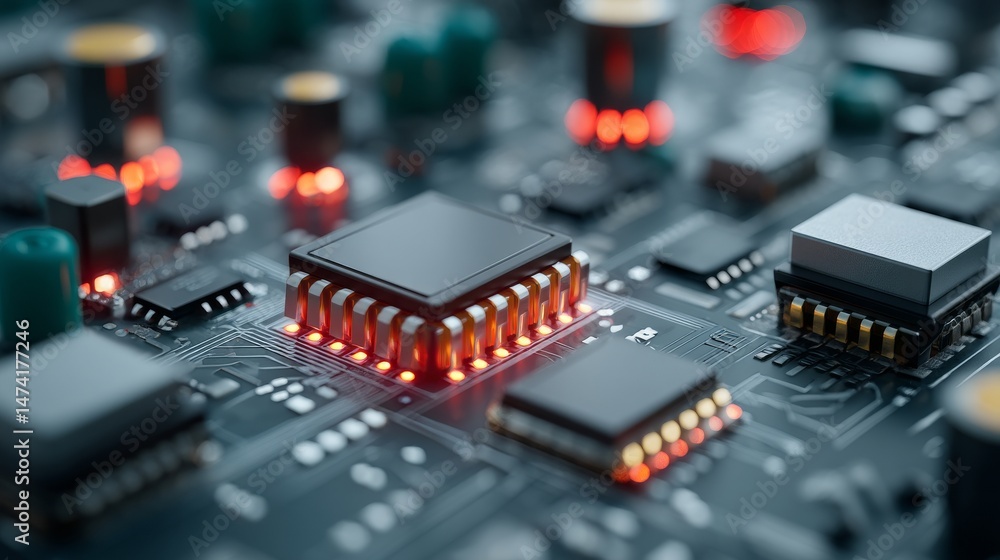 Poster circuit board technology with a modern cyber tech pcb and processor is used as the background for a 