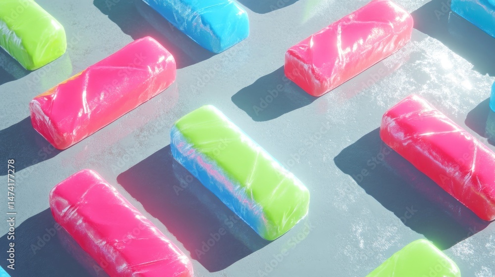 Poster colorful, rectangular, candy-like forms arranged in a grid pattern