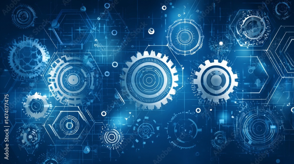 Poster modern technology and innovation are represented by gears and digital data connections set against a