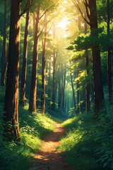 Obraz premium Gentle sunlight filling an open forest glade with warm textures in anime style and a quiet spiritual mood