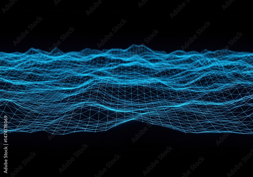 Poster abstract blue wireframe landscape with a geometric grid pattern against a dark background