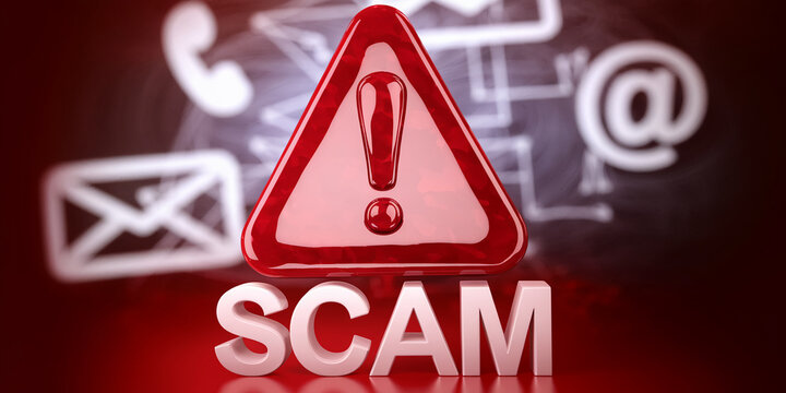 Red triangular warning sign with exclamation mark, word "SCAM" below, email and phone icons blurred background, representing online fraud alert