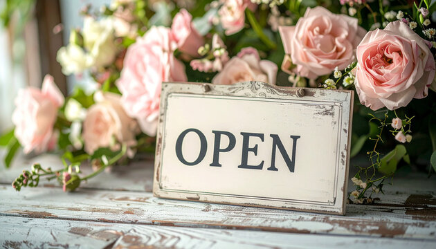 Open sign surrounded by beautiful roses flower shop floral arrangement bright atmosphere