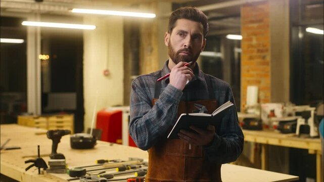 Thoughtful Caucasian man guy wood master builder thinking writing copybook in workshop puzzled carpenter pondering problem designer creating plan difficulty male brainstorm craftsman raise finger idea