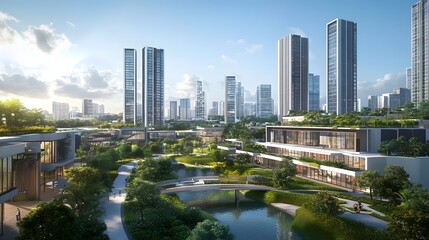 Fototapeta premium Modern urban development overlooking tranquil waterways.