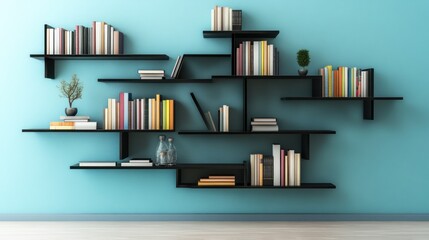 Modern floating shelves filled with books and decorative items