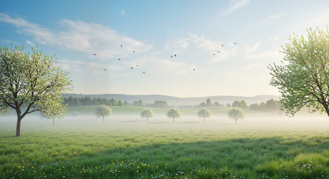 Serene misty landscape with trees and birds in the morning light  