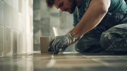 Naklejka premium Man Installing Tiles in a Bathroom