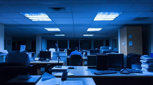 Silent night shift: Employee working late alone in a deserted modern office space