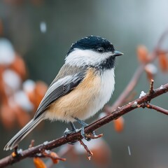 Fototapeta premium A songbird the Black capped chickadee is visible sitting on a branch