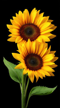 Two bright yellow sunflowers with dark centers and green leaves stand tall against a stark black background, captu the beauty of nature's floral artistry.