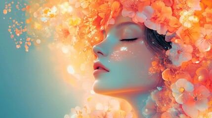 Portrait of a woman surrounded by orange flowers with closed eyes and glowing skin in soft lighting