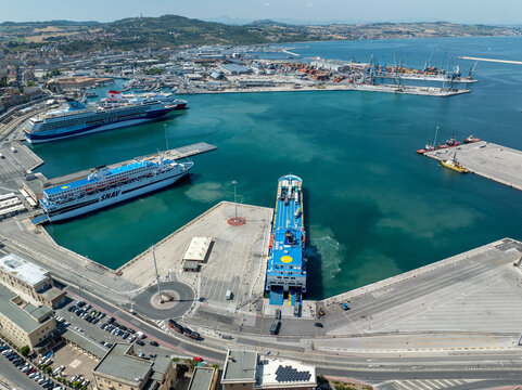 Aerial View of Ancona Harbor with Cruise Ships Docked