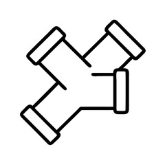 black and white icon of plumbing cross pipe fitting with four connection ends, minimal outline style component for water distribution, isolated vector illustration