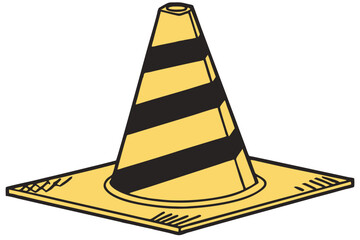 142 construction cone, highway safety, road hazard, traffic divider, caution symbol, construction site, industrial design, geometric shapes, bright yellow, black stripes, safety icon