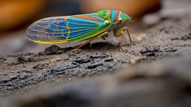 Colorful Candy-Striped Leafhopper on textured tree bark, vibrant green, yellow, blue, red and orange, translucent wings, macro view, eye level