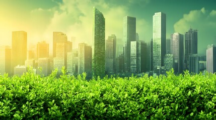 Fototapeta premium Lush greenery surrounds a modern cityscape bathed in warm light.