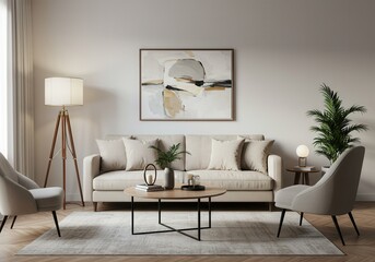Contemporary living room with sofa, chairs, coffee table, abstract art, and floor lamp in neutral tones