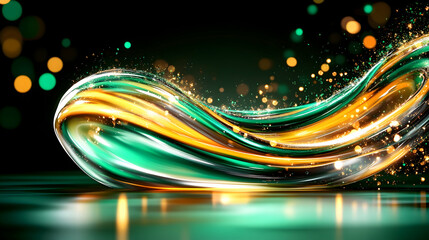 Emerald and gold liquid swirl with sparkling particles on dark background