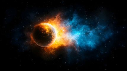 Obraz premium Fiery planet engulfed in cosmic nebula, emitting intense orange and blue energy