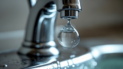 Quiescent Water droplet : A glistening droplet of clear water suspended, about to fall from a chrome faucet, captured in a close-up, showing purity and freshness.