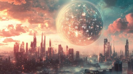 A futuristic cityscape under a celestial orb.