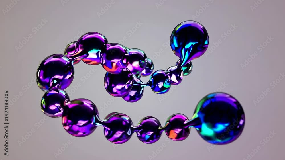 Poster iridescent bubbles blending, shifting across white backdrop, forming dynamic chain-like pattern with