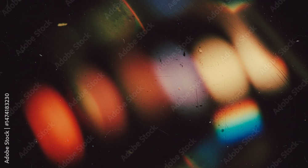 Poster A blurry image of a colorful light show with a dark background
