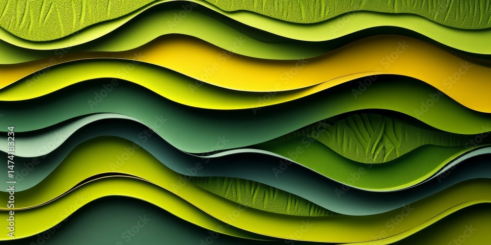 Poster abstract background, green paper carved with smooth wave patterns, nature inspired layered design