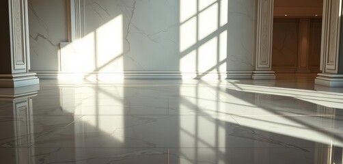 Obraz premium Soft light reflects on polished marble floor, creating elegant shadows in a luxurious space, gleam, grey