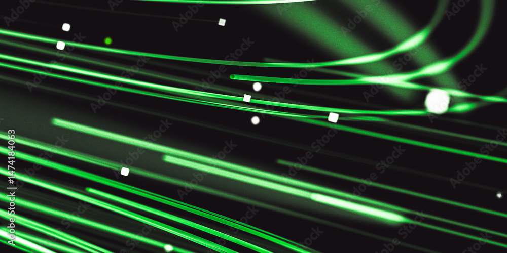 Poster Abstract digital technology background with green neon curve lines. Green energy concept. 3d render.