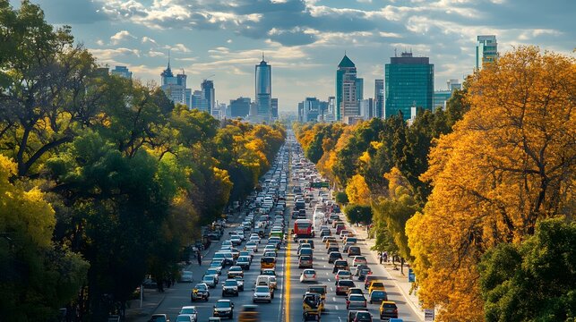 Urban avenue lined with autumnal trees and dense traffic.