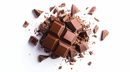 Dark chocolate bar broken into pieces, surrounded by chocolate shavings on white background