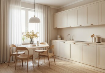 Fototapeta premium Bright kitchen interior with round table, wooden chairs, and white cabinets in a modern home