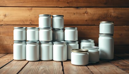 Stack of white canned goods on wooden surface, texture, surface