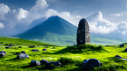 Serene volcanic landscape with a standing stone monument in a lush green field