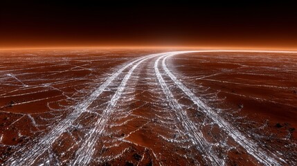 Tracks from tires are visible on ground resembling desert and rock, under a sky with no clouds, showing a landscape devoid of features, possibly not from Earth